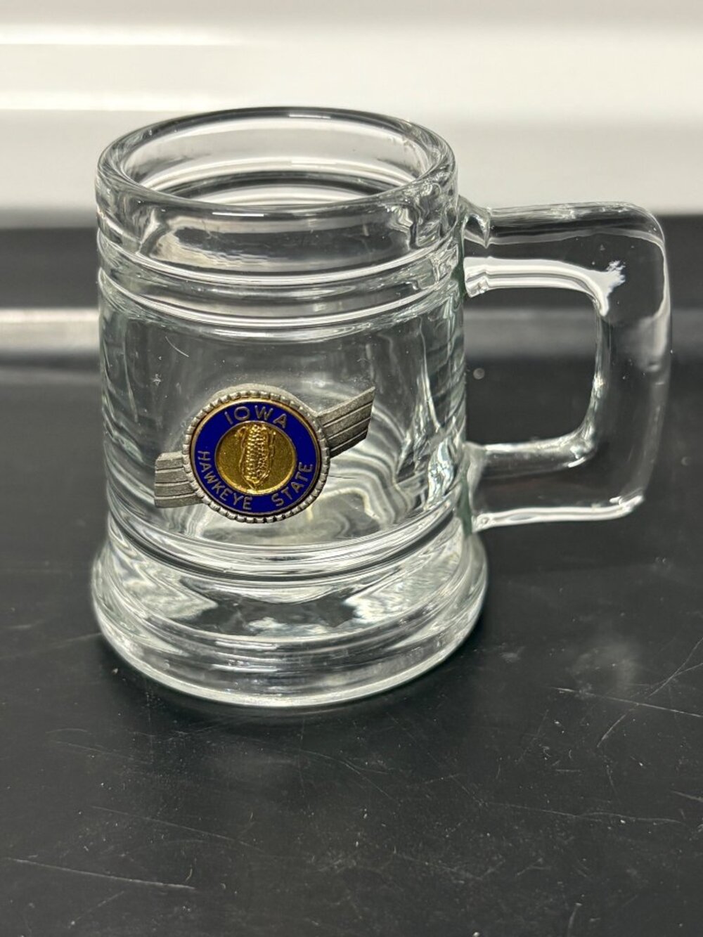 Vintage Iowa Hawkeye State Shot Glass Mini Beer Mug Clear Toothpick Holder